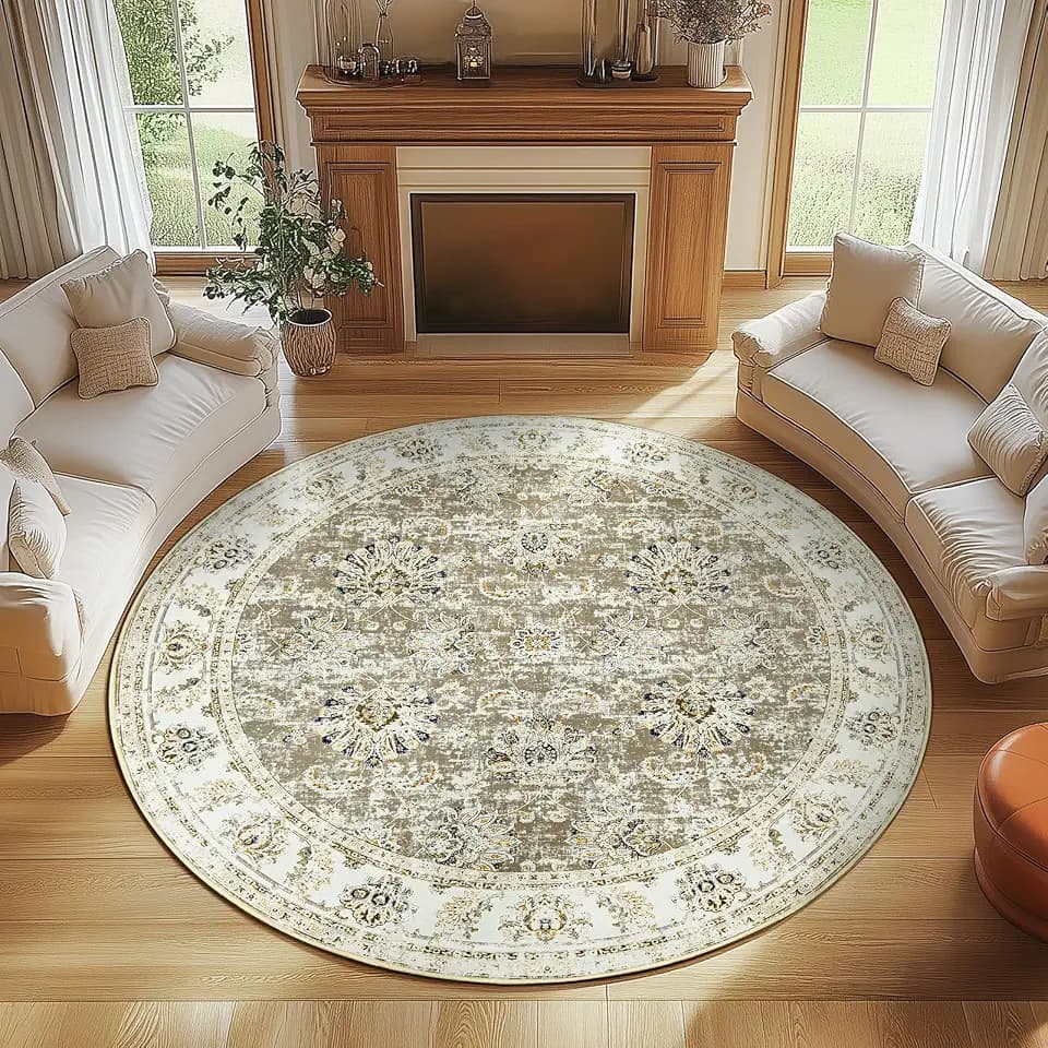 jinchan 7ft Vintage Floral Round Rug, Circle Washable Rug, Dark Blue