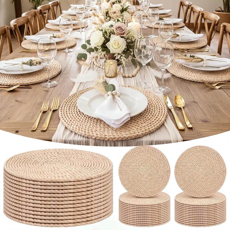 Set of 12 Round Woven Corn Husk Placemats Boho Farmhouse Placemats for Daily Tabletop Decor Elegant Dining Wedding Christmas Thanksgiving Day Holiday Dinner Party Housewarming Gifts