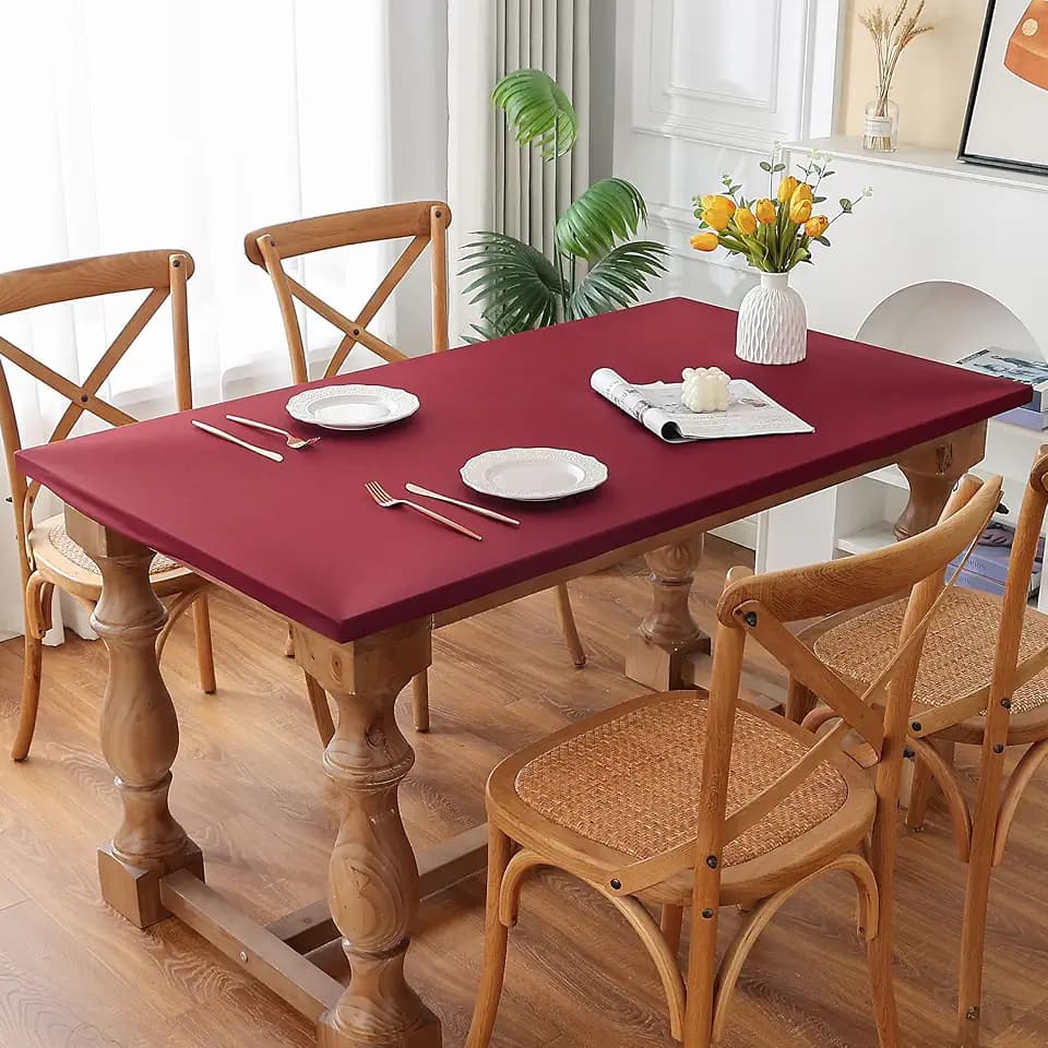 Spandex Rectangle Fitted Table Cover, Washable Non Pilling Breathable Fabric Indoor Tablecloth Elastic Band for Dining Kitchen Party Banquet Decoration 42 x 72 Inch Wine Red