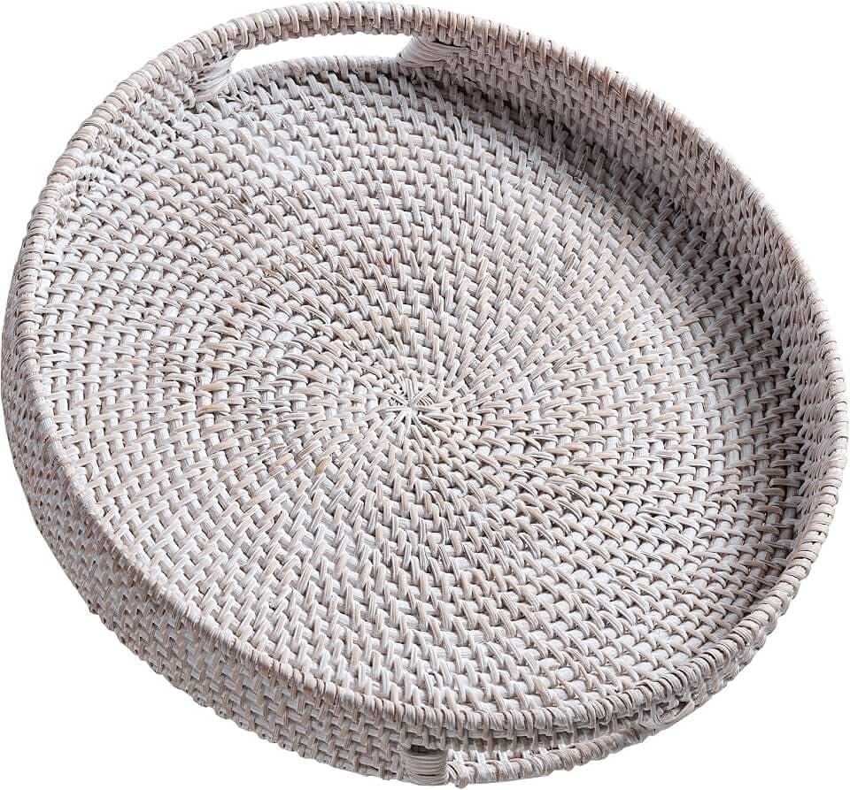 Jungle Culture Round Rattan Tray 14" • Whitewash Wicker Woven Basket Decor