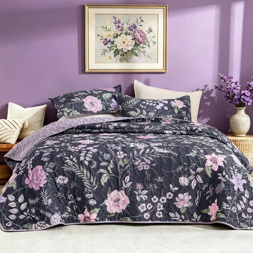 Litanika Floral Dark Purple Quilt - 3Pcs Botanical Birds Pattren Bed Set