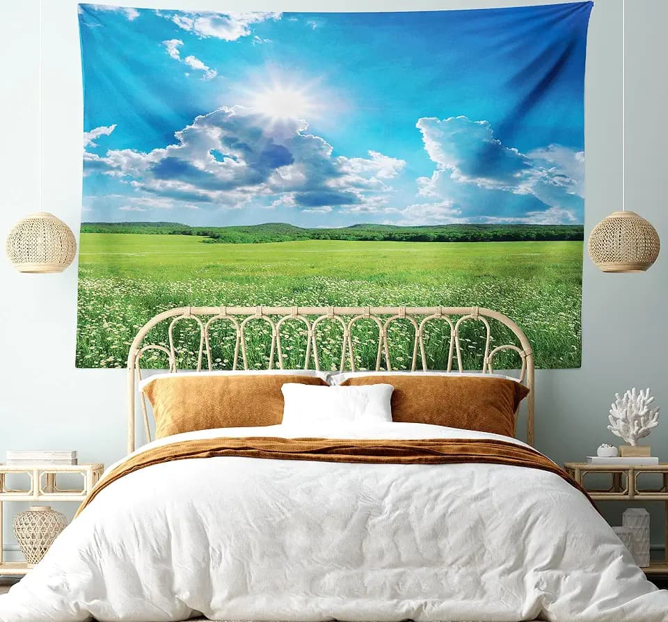 Ambesonne Landscape Tapestry, Spring Landscape with Meadow by The Mountain and Sky Vivid Nature Print Home, Wide Wall Hanging for Bedroom Living Room Dorm, 60" X 40", Aqua Green