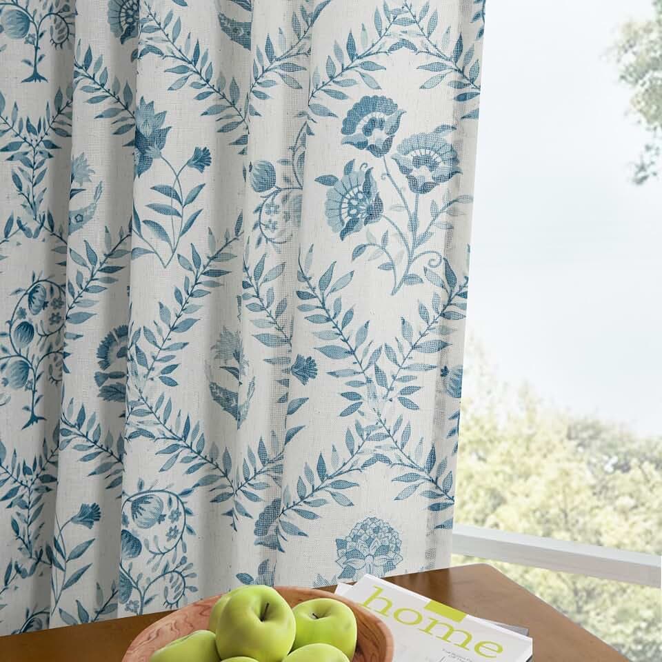 Blue Floral Linen Curtains Patterned Semi Sheer 63 Inch Length 2 Panels Set