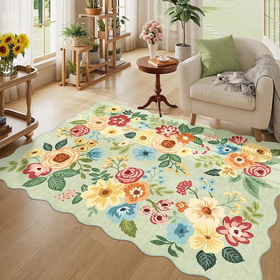 DUKINO 4x6 Area Rug, Non Slip Floral Washable Rug for Living Room, Green