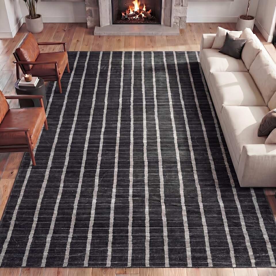 JONATHAN Y Washable Orton Distressed Ticking Stripe 4' x 6' Machine-Washable Polyester Area Rug, Charcoal and Cream, Farmhouse Vintage Style with Low Pile for Living Room WSH519C-4