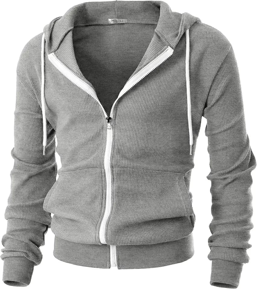 Ohoo Mens Comfort Fit Stretchable Waffle Knit Cotton Fabric Zip Up Hoodie Anti-shrink Hooded Jacket with Kangaroo Pocket