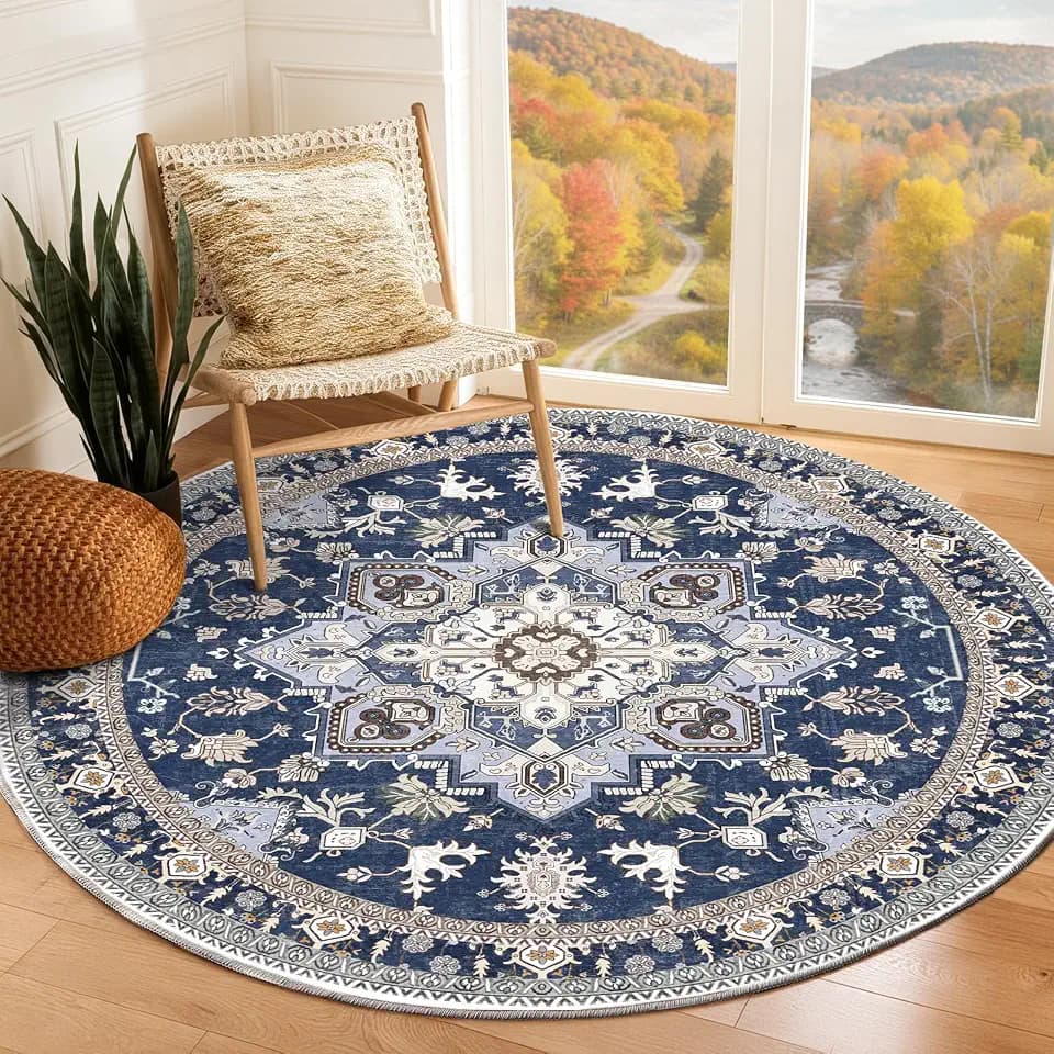 OPPODREAM Soft Area Rugs 6', Persian-Inspired Washable Rug, Blue & Gold