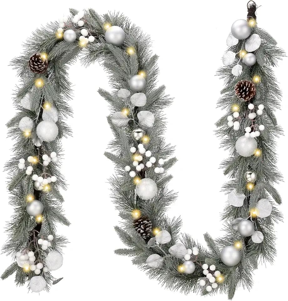 Valery Madelyn 9 Ft Christmas Garland with Lights for Mantle Silvery White