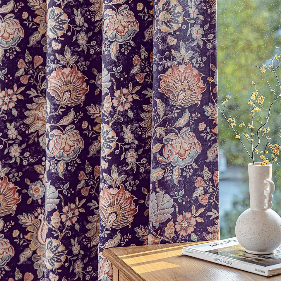 FMFUNCTEX Purple Boho Blackout Floral Curtains, 52X63 Inches, 2 Panels