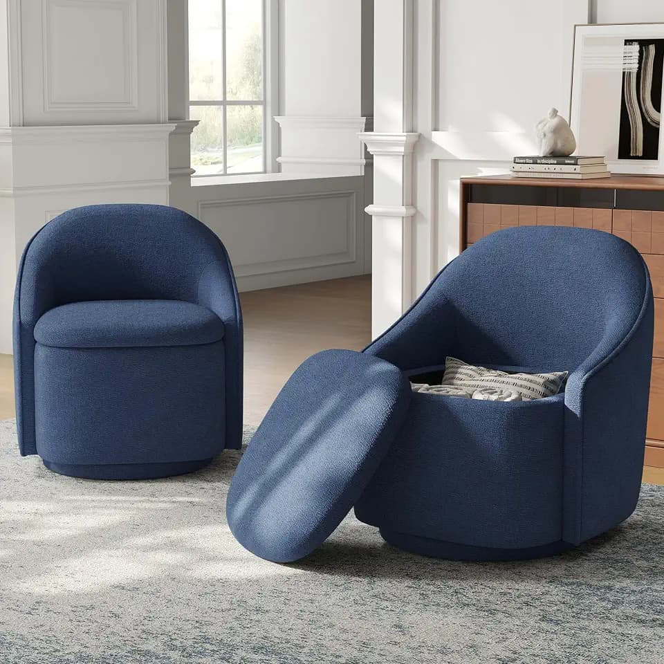 LINSY Swivel Accent Chair Set of 2, Comfy Chenille Barrel Chairs with Storage 360 Swivel Modern Armchair for Living Room Bedroom, Small Boucle Reading Chair for Study Room (Blue)