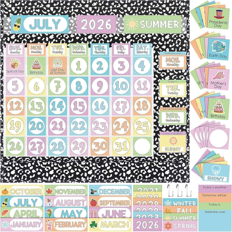 Sinload Classroom Calendar Pocket Chart Set Calendar Bulletin Board Set Seasons Festival Weather Pocket Chart for Classroom Decoration with 3 Metal Hooks Back to School Supplies (Composition,Black)