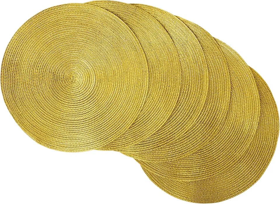 DII Woven Placemats Collection Metallic Round Placemat Set, 15", Gold, 6 Piece
