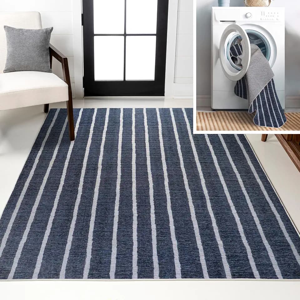 JONATHAN Y Machine Washable Navy/Gray Indoor Area Rug 5X8 ft, Rand Distressed Ticking Stripe for Living Room, Bedroom, Kitchen, Office, Easy-Cleaning, Pet-Friendly, Non-Shedding WSH119A-5