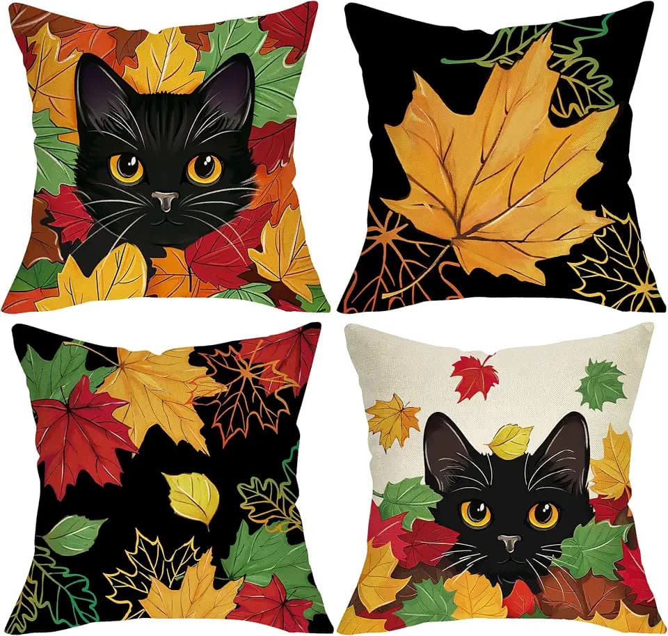 Fall Black Cat Maple Leaves Decorative Throw Pillow Covers