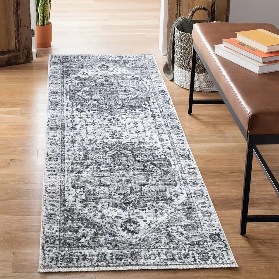 Bloom Rugs Caria Washable Non-Slip 7 ft Runner - Silver/Dark Gray Traditional Runner for Entryway, Hallway, Bathroom, and Kitchen - Exact Size: 2'6" x 7'