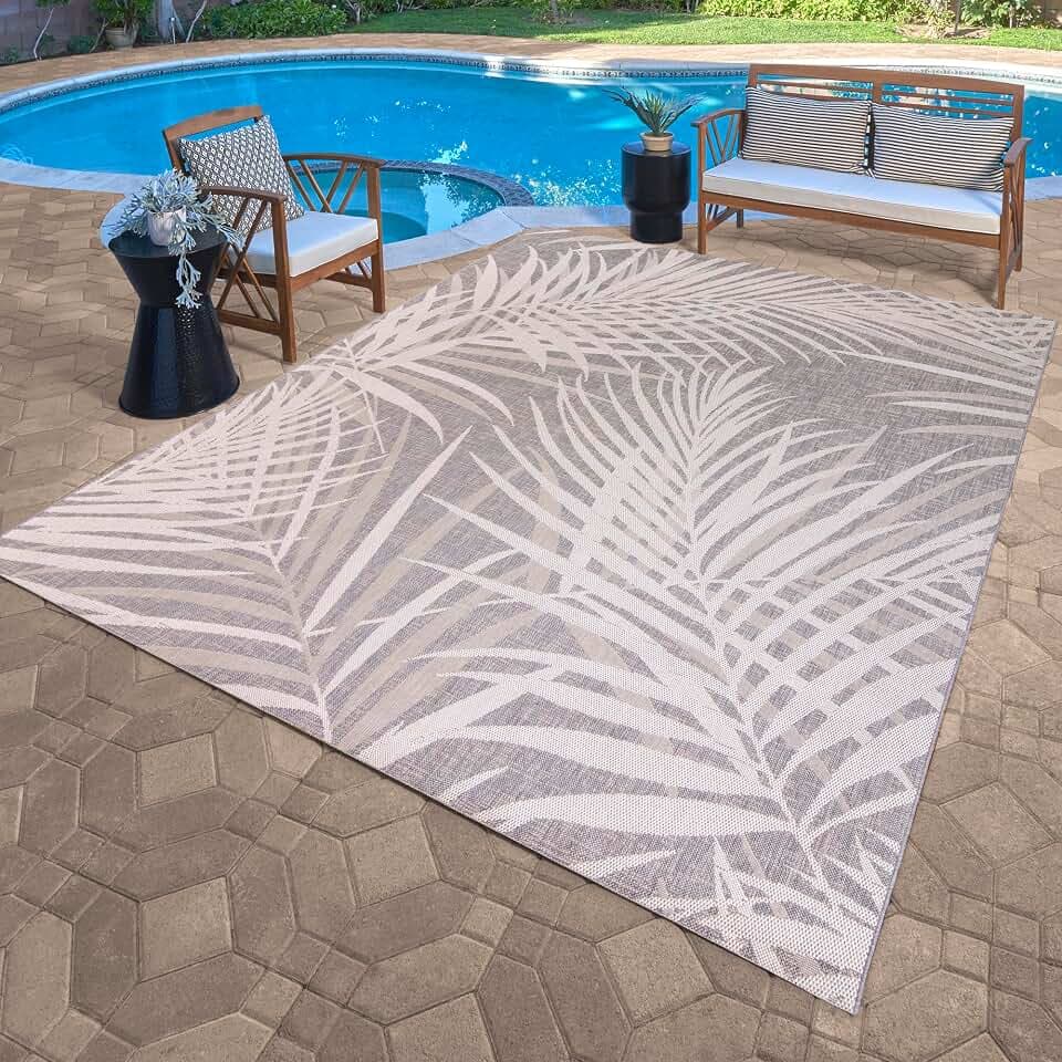 Gertmenian Indoor Outdoor Area Rug, Classic Flatweave, Washable, Stain & UV Resistant Carpet, Deck, Patio, Poolside & Mudroom, 6x9 Ft Medium, Royal Palm Leaf, Gray Beige White