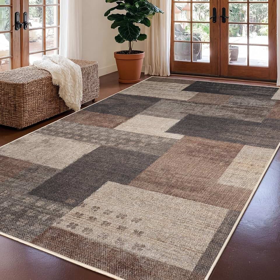 Modern Geometric Easy Jute Living Room Rug 5x7, Washable Indoor Outdoor Rug