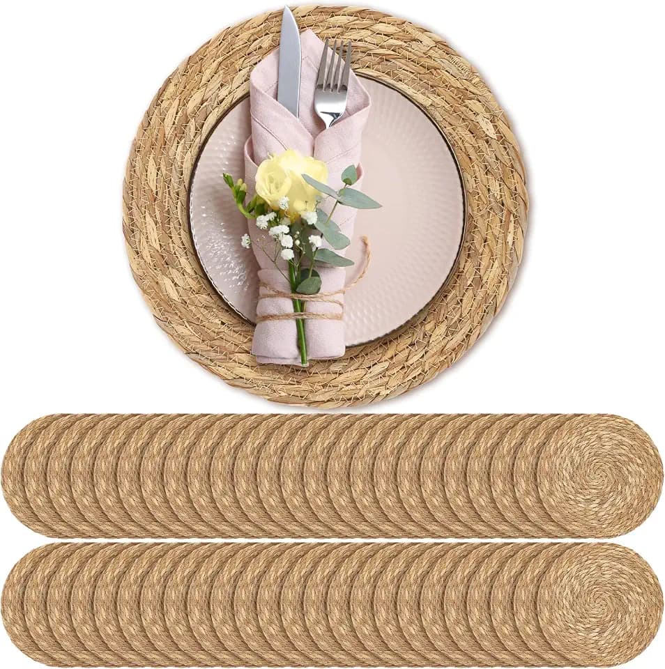 Aneco 48 Pcs 13.8‘’ Round Bulrush Placemats, Natural Hand Woven Table Mats