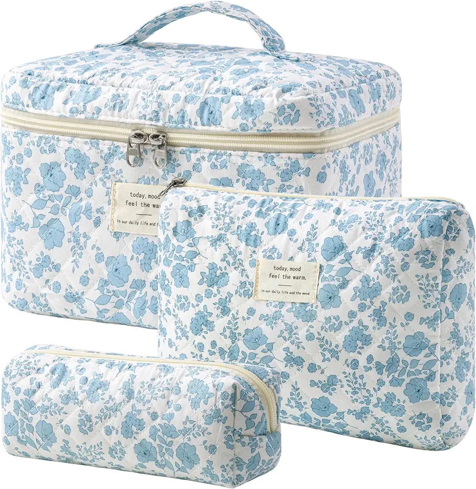 HBselect Quilted Makeup Bag, 3Pcs Cotton Large Travel Makeup Bags Organizer