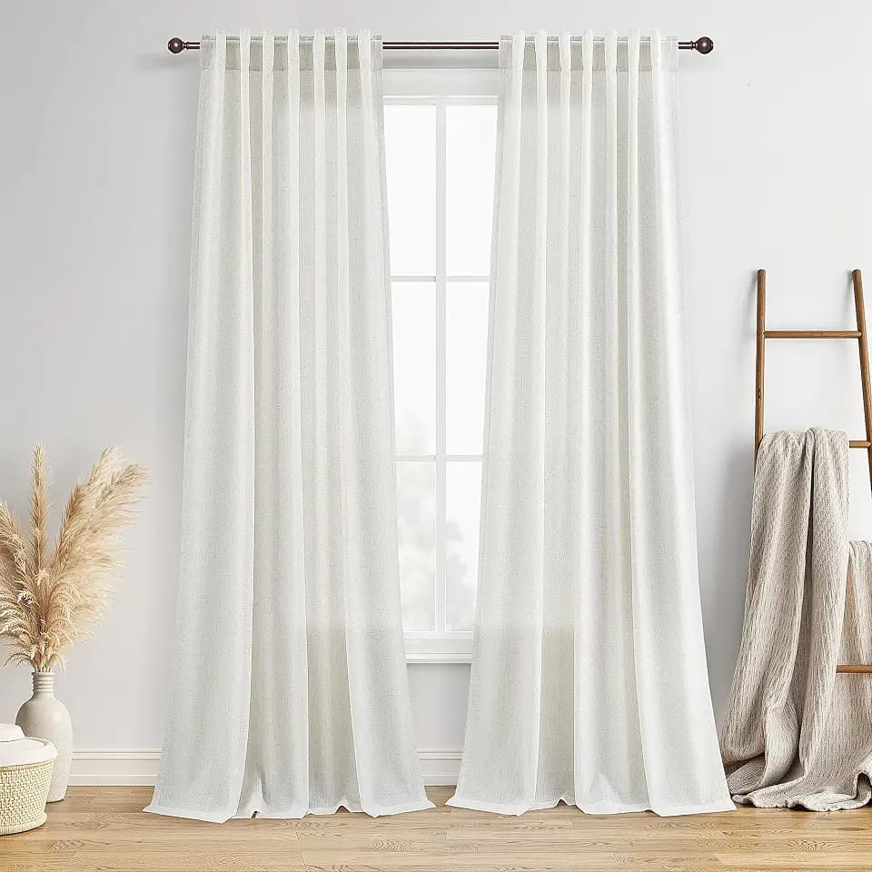 BOODII Linen Curtains 90 Inch Long for Living Room Ivory 2 Panels
