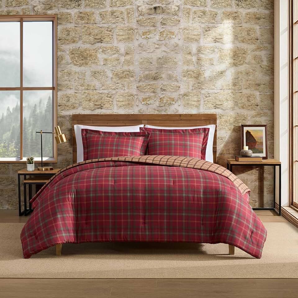 Eddie Bauer - Queen Comforter Set with Shams, Reversible Plaid Bedding