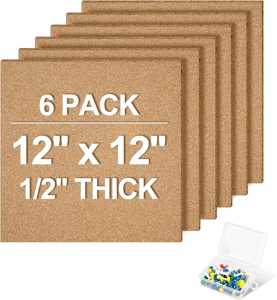 12"x12" Cork Board Tiles, 6 Pack Adhesive Square Bulletin Boards for Walls