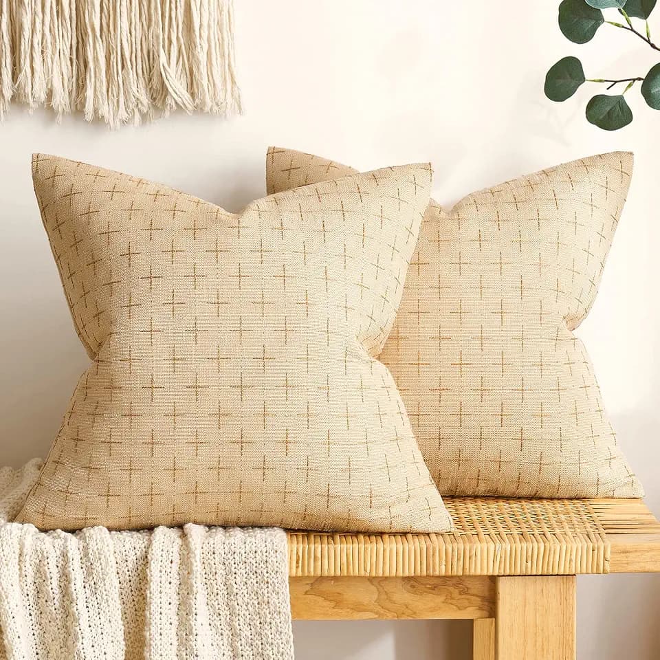 MIULEE Pack of 2 Decorative Burlap Linen Throw Pillow Covers Modern Farmhouse Pillowcase Rustic Woven Textured Cushion Cover for Sofa Couch Bed 24x24 Inch Light Yellow