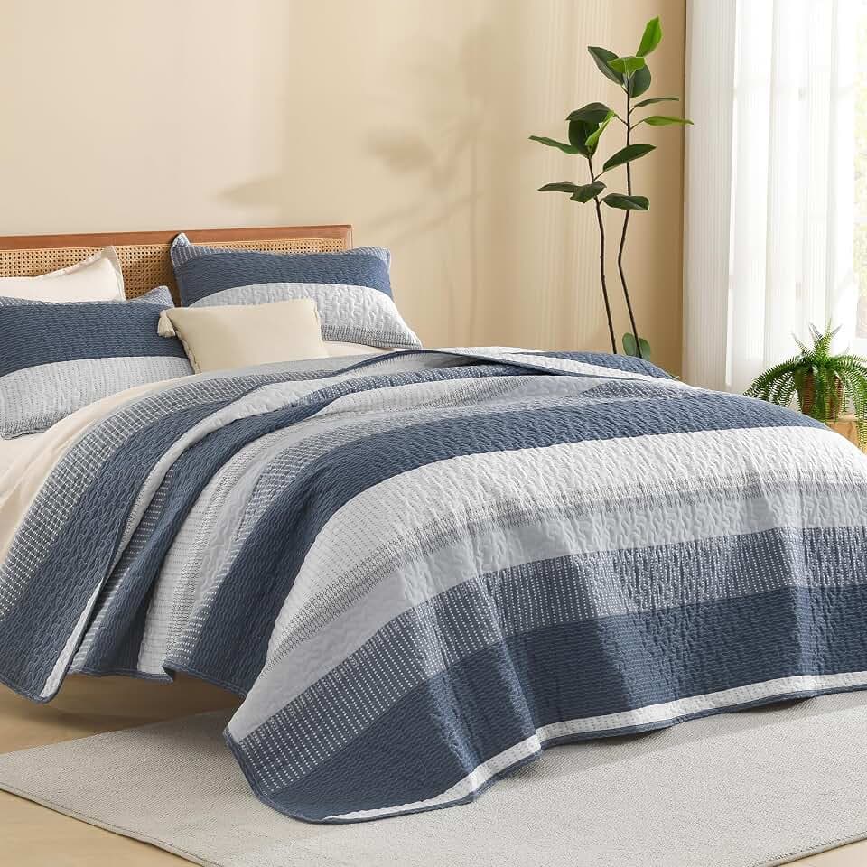 Litanika Super King Quilt, 3 Pcs Navy Blue Stripe Bedding Set