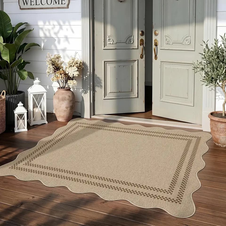 Tribesigns Scalloped Easy Jute 3x5 Washable Outdoor Patio Rug, Tan/Checkered Non-Slip Kitchen Area Rugs for Entryway Door, Geometric Indoor Carpet for Living Bedroom Office