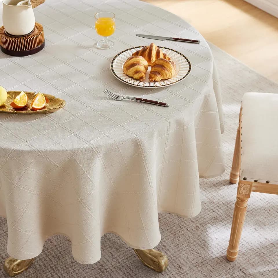 ZeeMart Linen Checked Round Table Cloth 60 Inch Neutral Beige