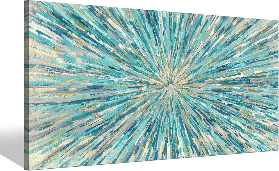 SD SOFT DANCE Abstract Wall Art Canvas Picture: Living Room Modern Blue Teal Oil Painting Decor Bedroom Contemporary Gold Foil Glitter Artwork Long Horizontal Textured Turquoise Print for Home Office