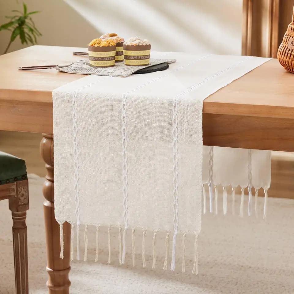 Braided Farmhouse Table Runner, Braided Beige 13x90 Inch, Cotton Linen Table Runners 90 Inches Long, Embroidered Striped Beige Boho Table Runner Rustic Home Decor