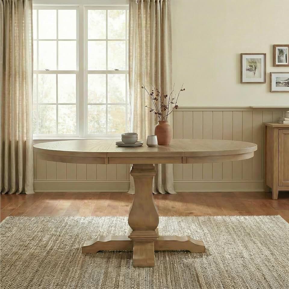 Merax Rustic Expandable Pedestal Dining Table, 39" Round to 57" with Extension Leaf, Rubberwood Base, Farmhouse Kitchen Table for 4-6, Light Natural
