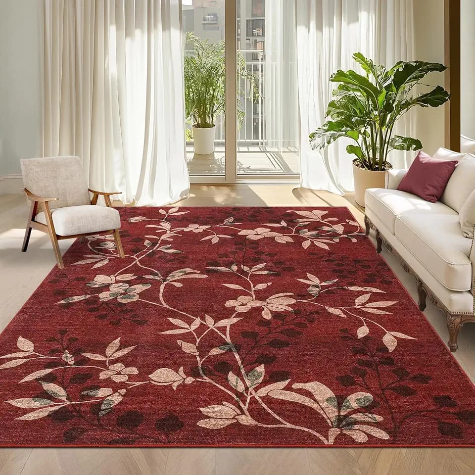 Garvee Washable Red 10x13 Area Rugs for Living Room, Floral Print Large Area Rugs for Bedroom, Soft Non-Slip Thin Carpet for Nursery Kids Girls Playroom Home, Modern Floor Cover with Leaf Print