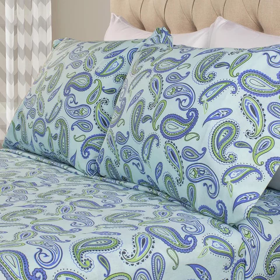 Superior Flannel Brushed Cotton Paisley Bed Sheet Set, Soft, Warm Bedding, Bohemian Floral Sheets, Bedroom Decor, 1 Flat Sheet, 1 Elastic Deep Pocket Fitted Sheet, 2 Pillowcases, King, Light Blue