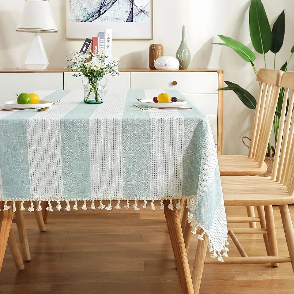 AmHoo Stitching Tassel Tablecloth Striped Table Cloth Rectangle Cotton Linen Dust-Proof Table Cover for Kitchen Dinning 54 x 120 Inch Teal