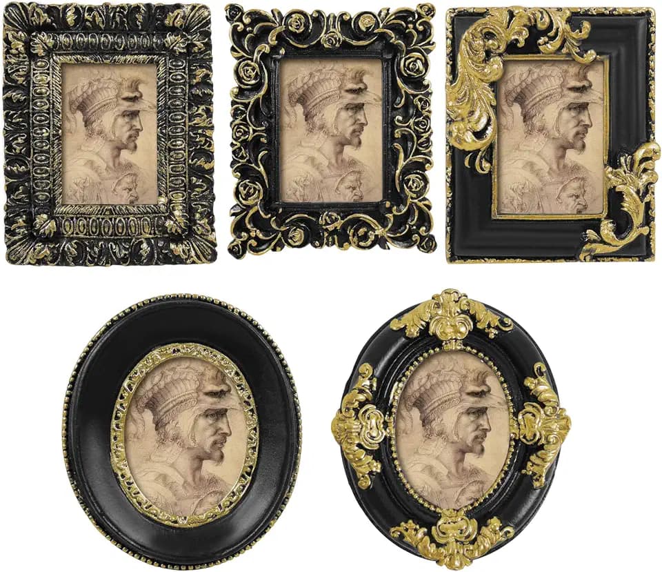 SIMON'S SHOP Vintage Black Picture Frames, Small Gothic Frames for 1.5x2 inch Wallet Size Photos, 5-Pack Victorian Miniature Photo Display, Antique Style Tabletop Desk Shelf Décor
