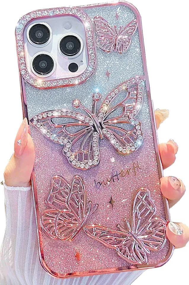 Girly for iPhone 13 Pro Max Bling 3D Glitter Butterfly Case(Pink)