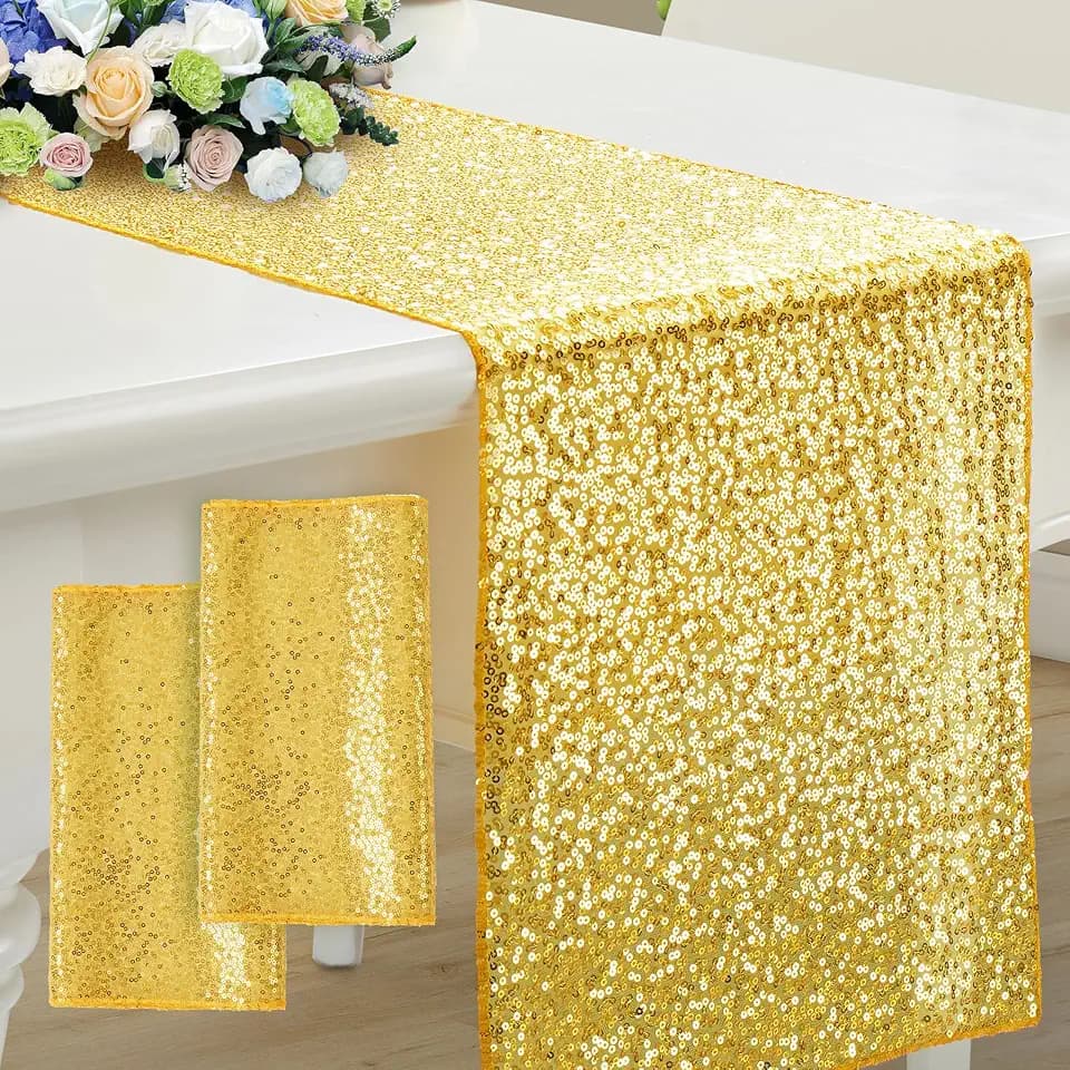 RUDONG M Gold Sequin Table Runner, 12 x 108 Inch, 2 Pack