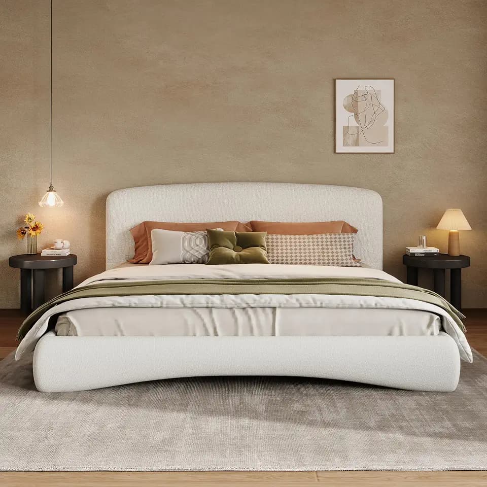 Christopher Knight Home Marlo Boucle Upholstered King Size Bed Frame with Lights, Modern King Bed Frame with Headboard, Wooden Slats Support, Easy Assembly, No Box Spring Needed, Cream