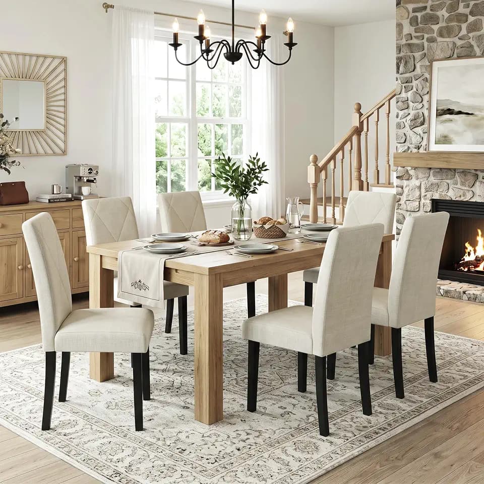 VECELO Upholstered Dining Chairs Set of 6, Modern Fabric and Solid Wood Legs & High Back for Kitchen/Living Room- Beige