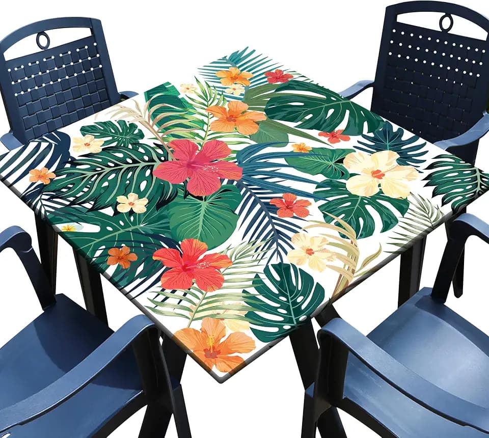 Square Fitted Tablecloth with Elastic Edge Tropical Palm Leaves Card Table Cover Outdoor Square Wipeable Card Table Tablecloth for Indoor Kitchen Decor