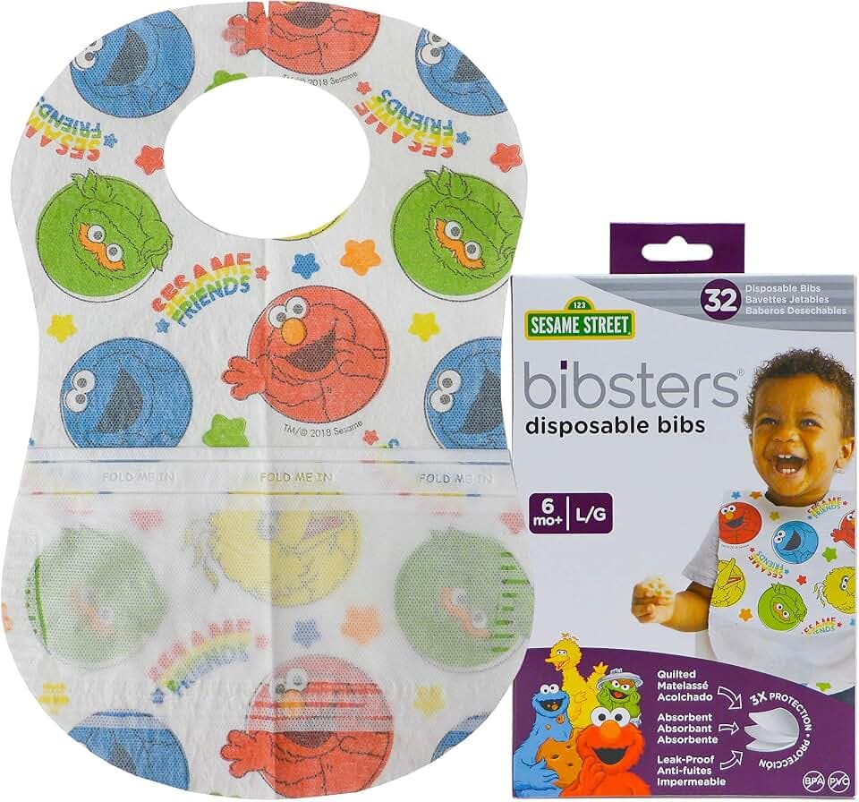 Sesame Street Large Disposable Bibs with Patented Crumb-Catcher, Leakproof Liner, and Reusable Fastener, Ages 6+ Months, 32 count