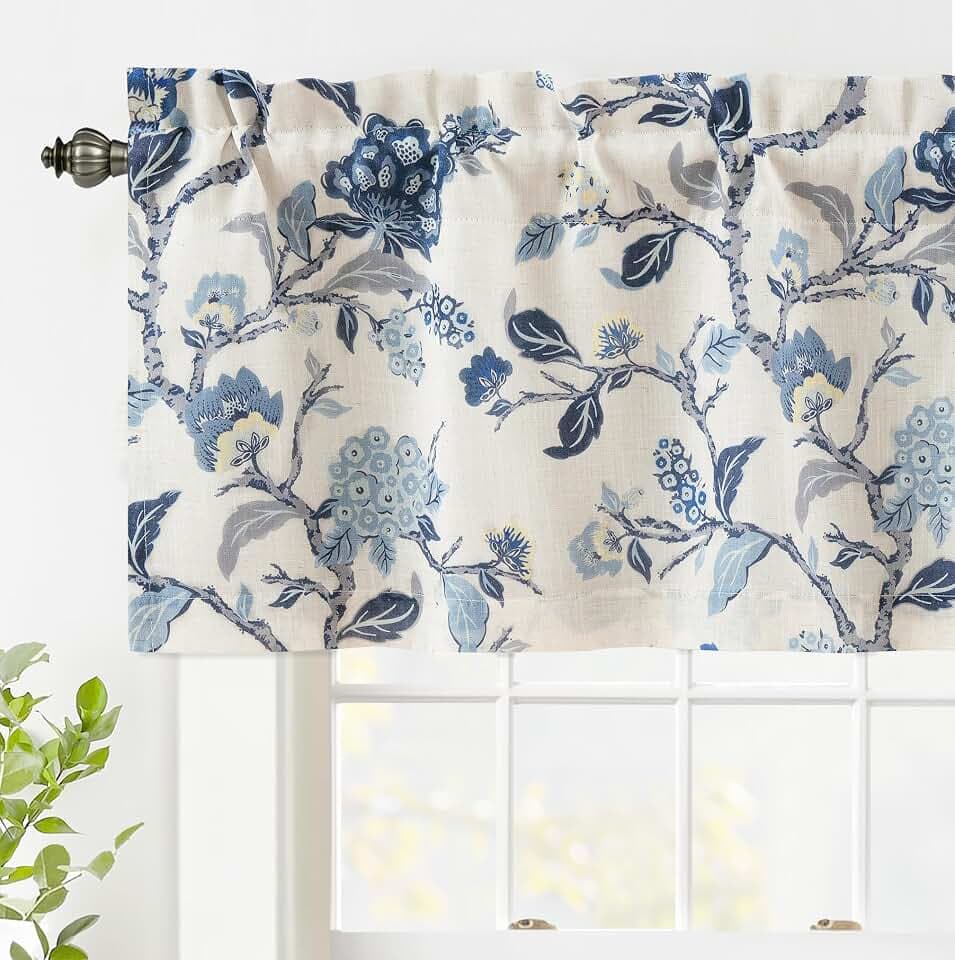 DriftAway Ada Botanical Print Lined Flower Leaf Thermal Insulated Linen Blend Window Valance Rod Pocket 52 Inch by 18 Inch Plus 2 Inch Header Navy 1 Pack