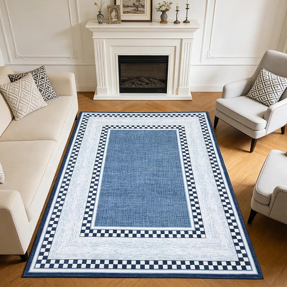 GarveeHome Checkered Area Rug 8x10, No Slip Washable Rug, Modern Bedroom Rug Under Bed Ultra Carpet, Low-Pile Rugs for Living Room Bedroom Dining Room, Blue