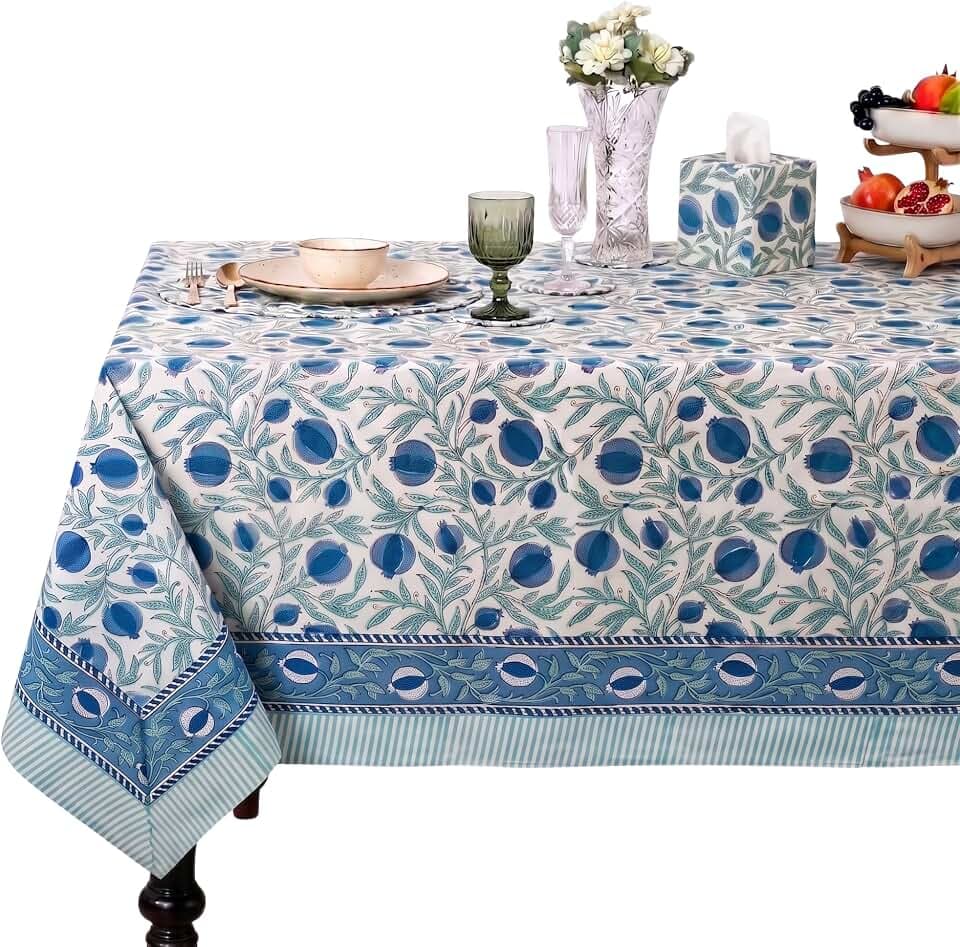 Ridhi Queen Blue Hand Block Print Rectangle Tablecloth 120x80 Inch