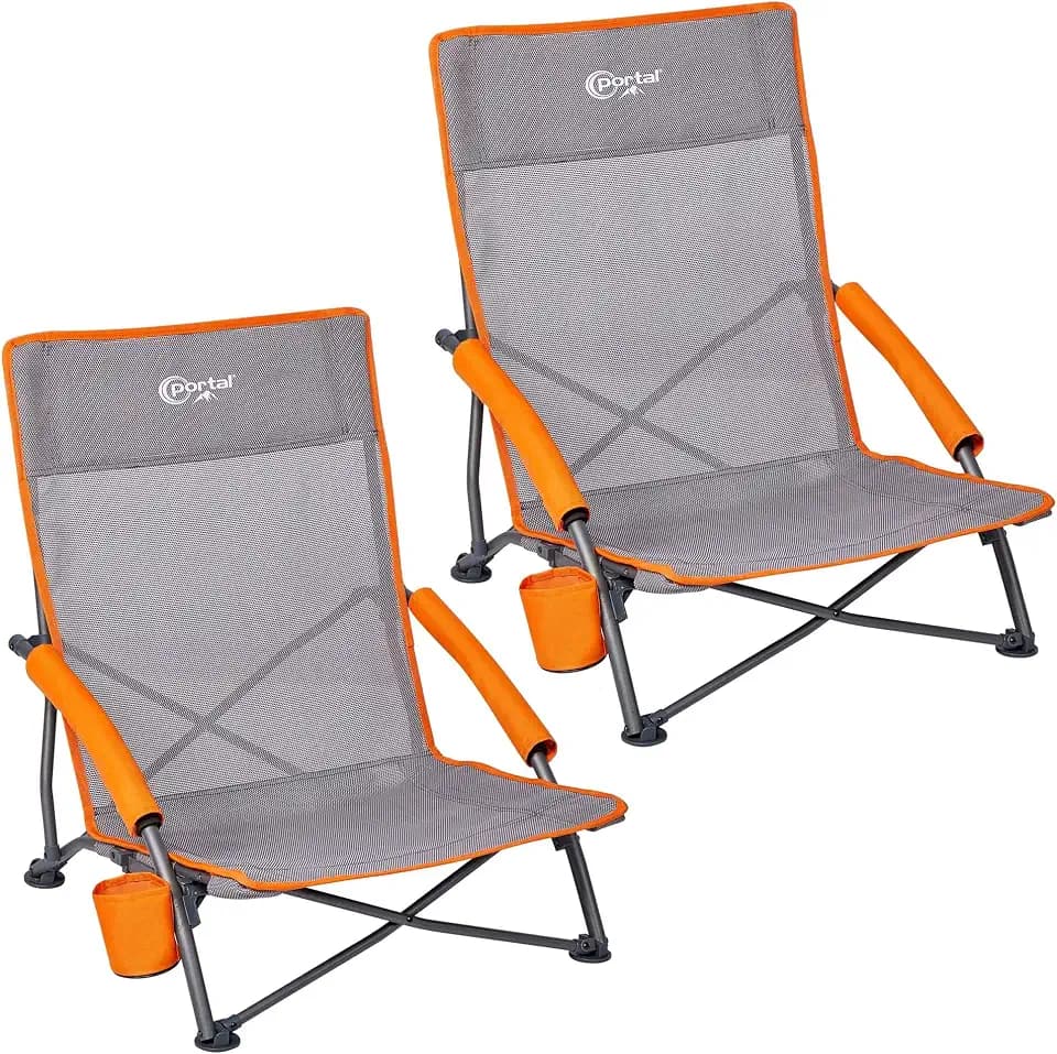 Portal Beach Chairs for Adults Camping Low Lightweight Portable Chair with Cup Holder Mesh Back Carry Bag for Outdoor Sand Lawn Travel Picnic Festival Concert