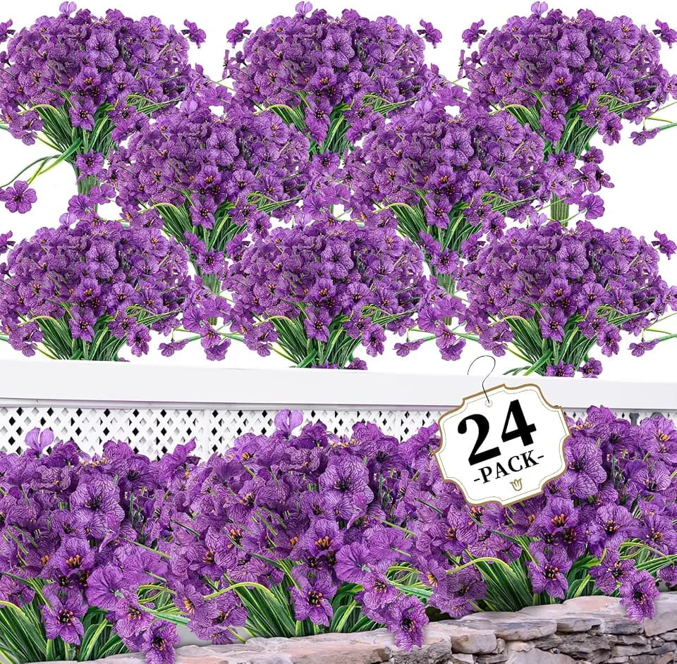 ColoPlay 24Bundles Deep Purple Artificial Flowers for Outdoors, Fake Flower