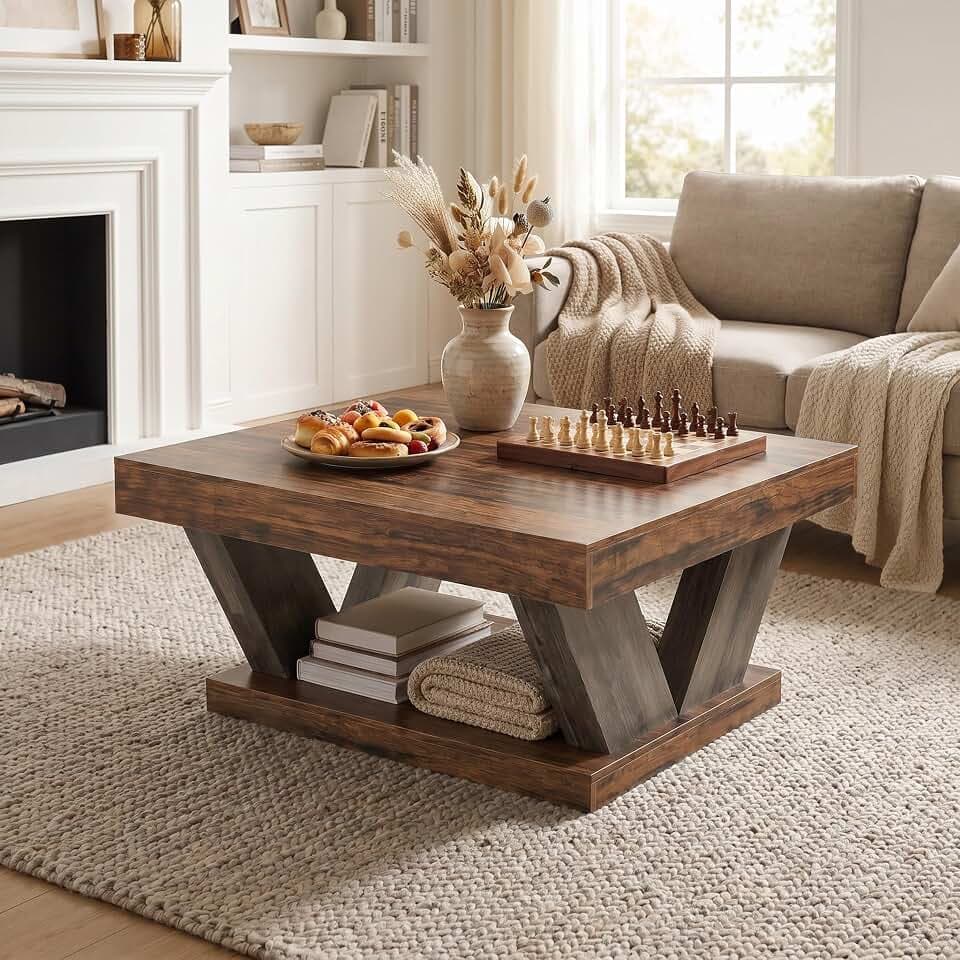 LITTLE TREE 39" Square Coffee Table, 2-Tier Center Table with Storage