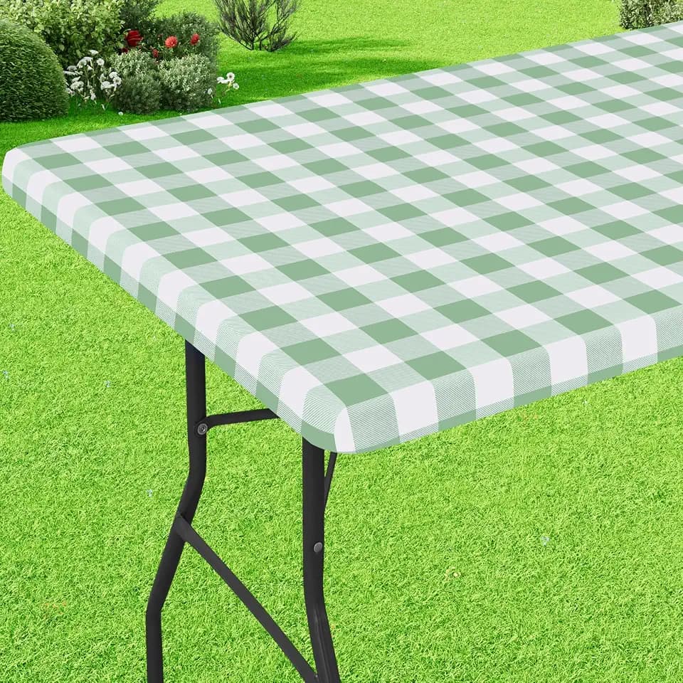 misaya Buffalo Rectangle Picnic Tablecloth, 6 Foot Elastic Fitted Vinyl Table Cloth with Flannel Backing, Waterproof Plaid Table Covers for Dining, Camping, Outdoor (Sage Green and White, 30" x 72")